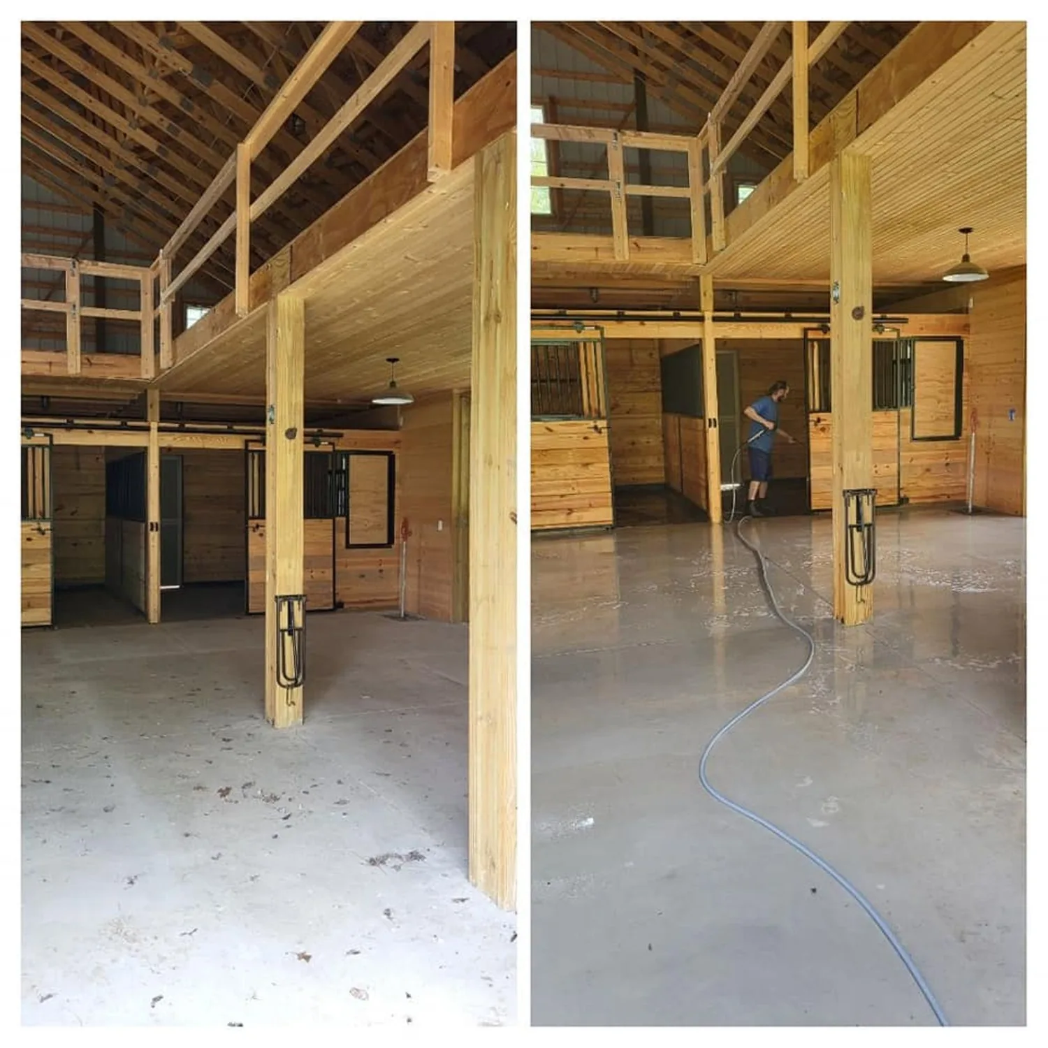 A timber-framed barn aisle with stall fronts either side and the hay loft above. The second frame shows the concrete aisle being pressure washed, hose run out along the floor.