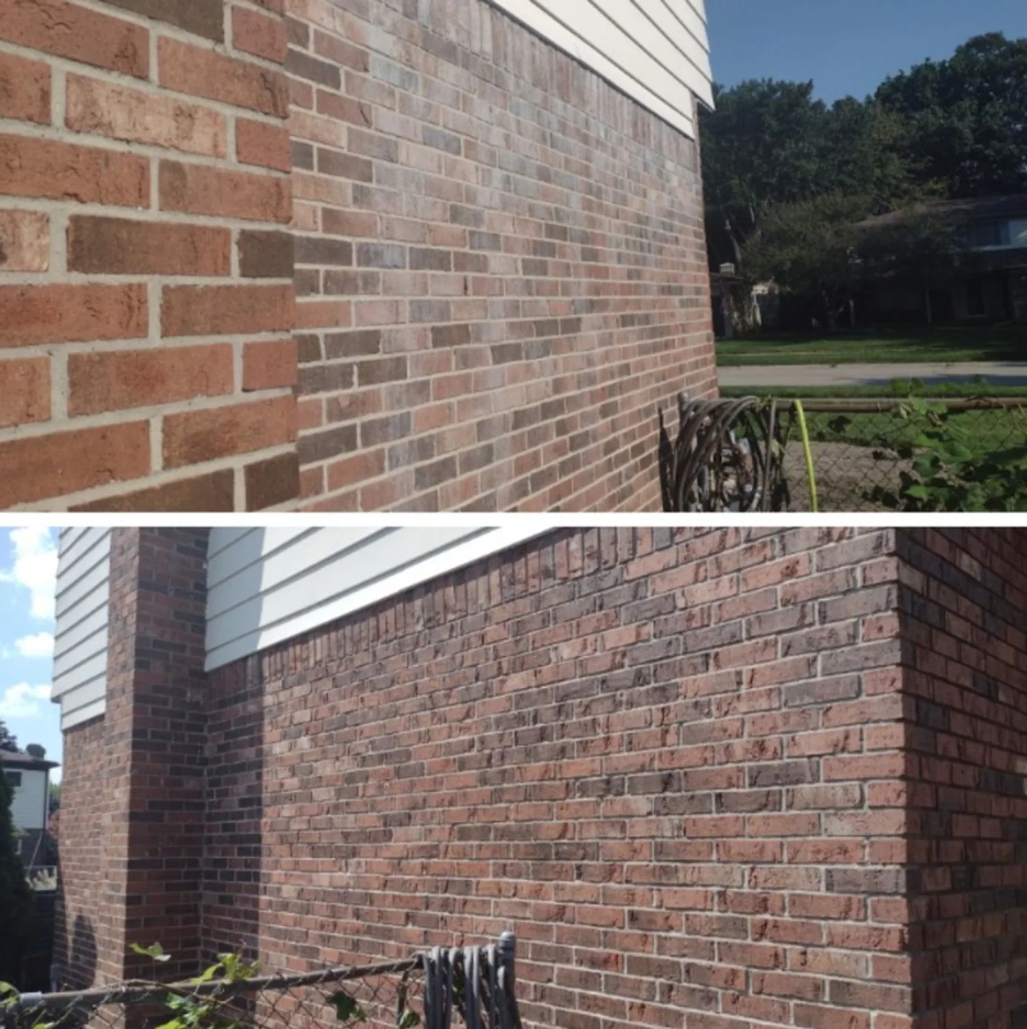 A brick elevation carrying heavy staining, cleaned, with the mortar joints intact.