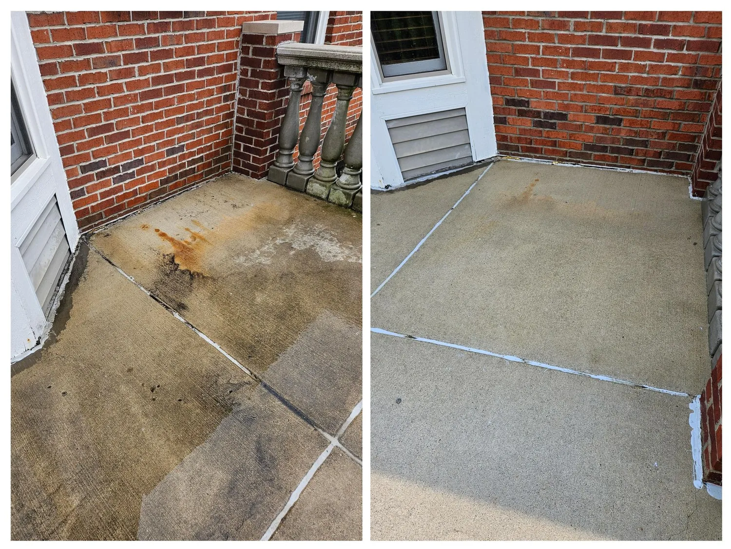 Orange-brown iron staining on a concrete pad against a brick wall, before and after treatment — the fan pattern and colour of irrigation rust rather than soil.