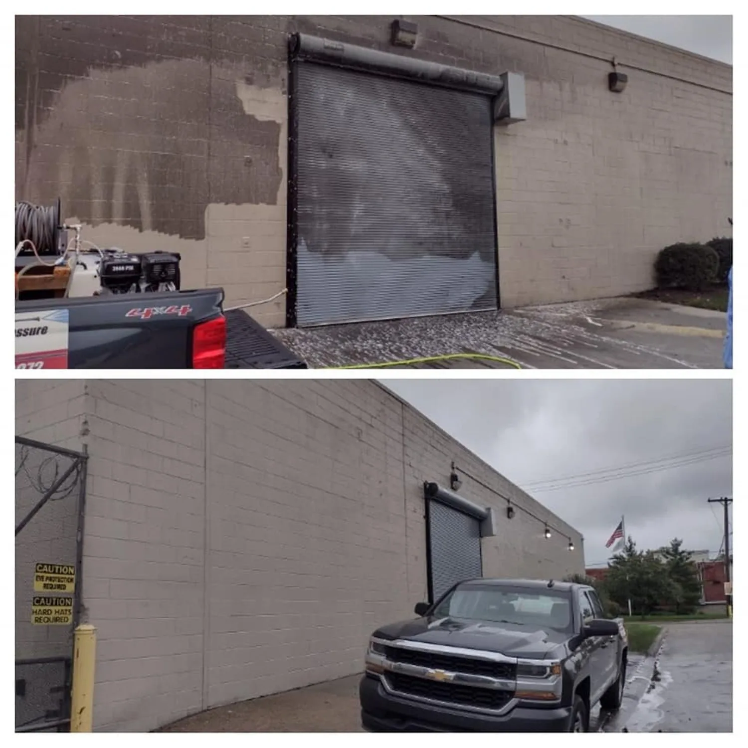 A painted concrete-block industrial elevation and its steel roll-up loading dock door, photographed mid-wash with the clean stripe running down the dirty wall, and again finished.