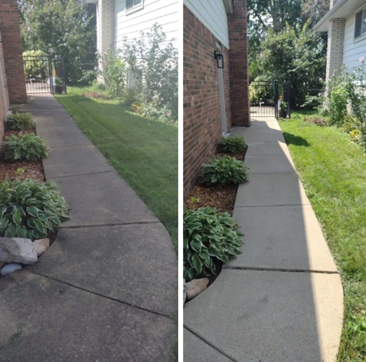 A concrete walkway running between two buildings, before and after.